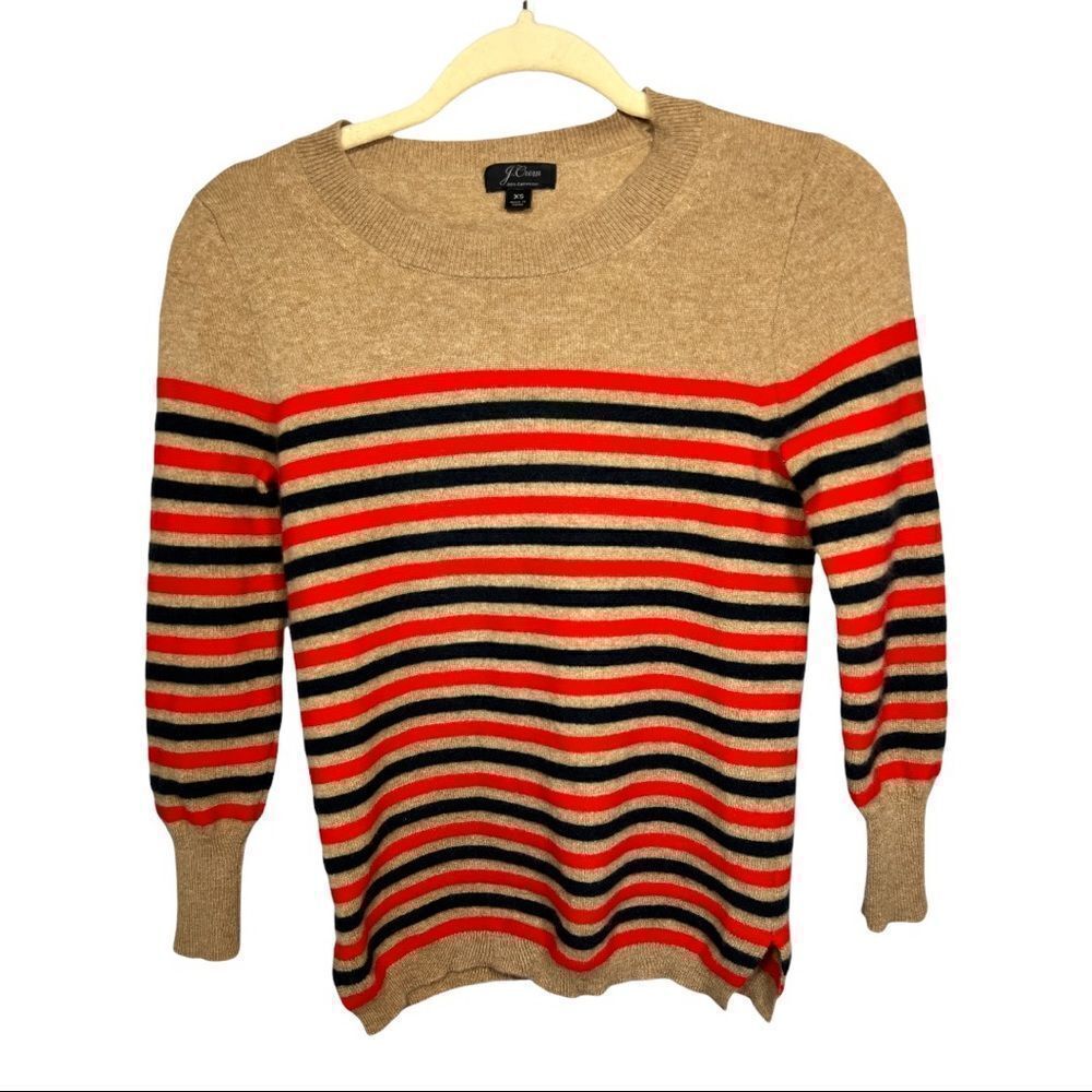J. CREW Women’s Striped Crew Neck Cashmere Sweater Tan/Red/Blue Extra Small